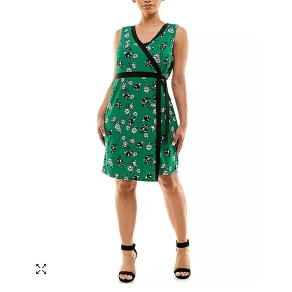 ADRIENNE VITTADINI Sleeveless Faux Surplice Dress Green With Black Trim Size L - Picture 1 of 11